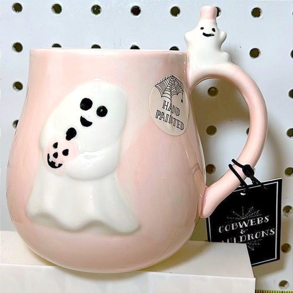 NWT Cobwebs & Cauldrons Spooky Ghost Mug White Pink w Little Ghost & Hat